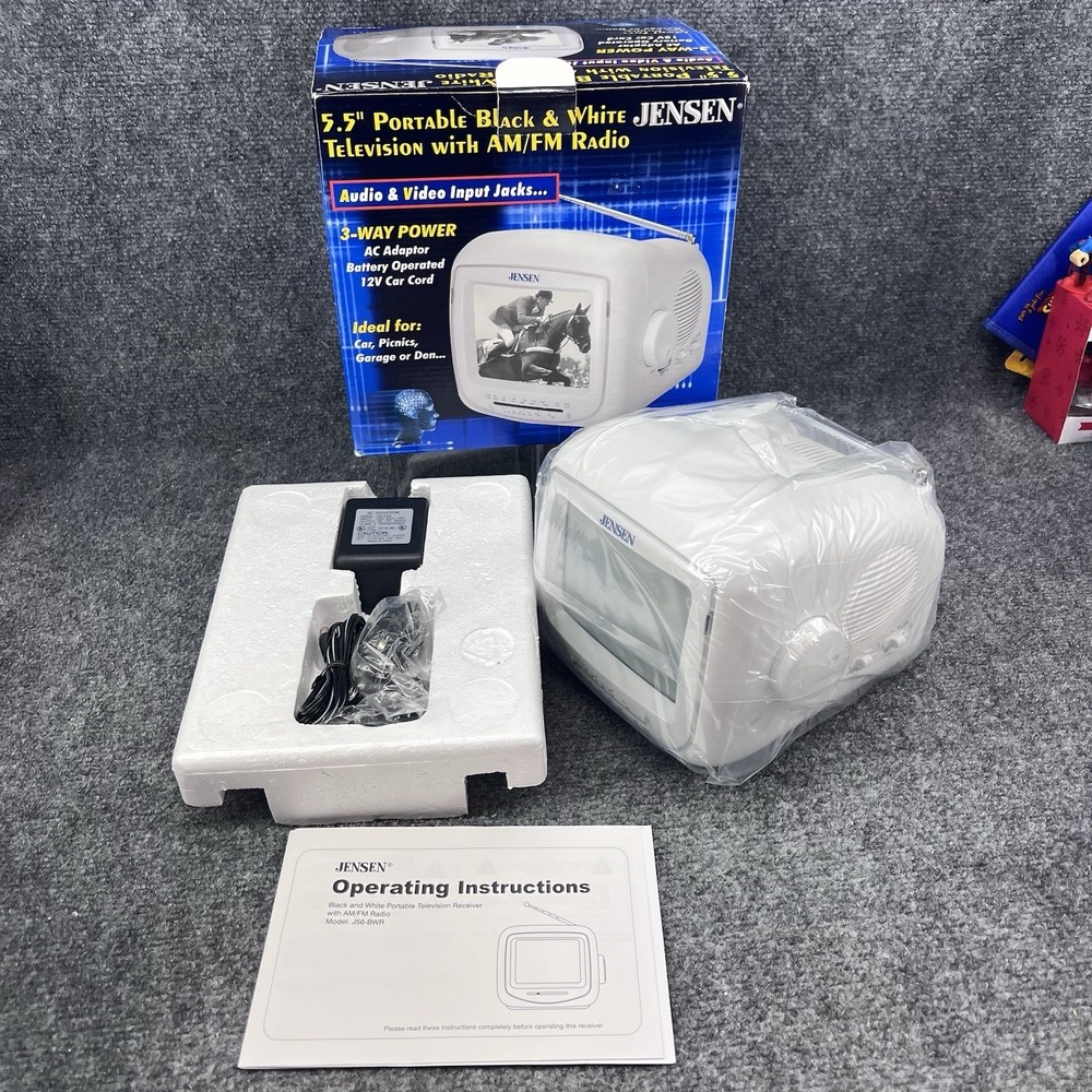 Vtg Jensen 5.5" J56-BWR Portable B&W TV AM/FM Radio White Car/Camping 2002 New